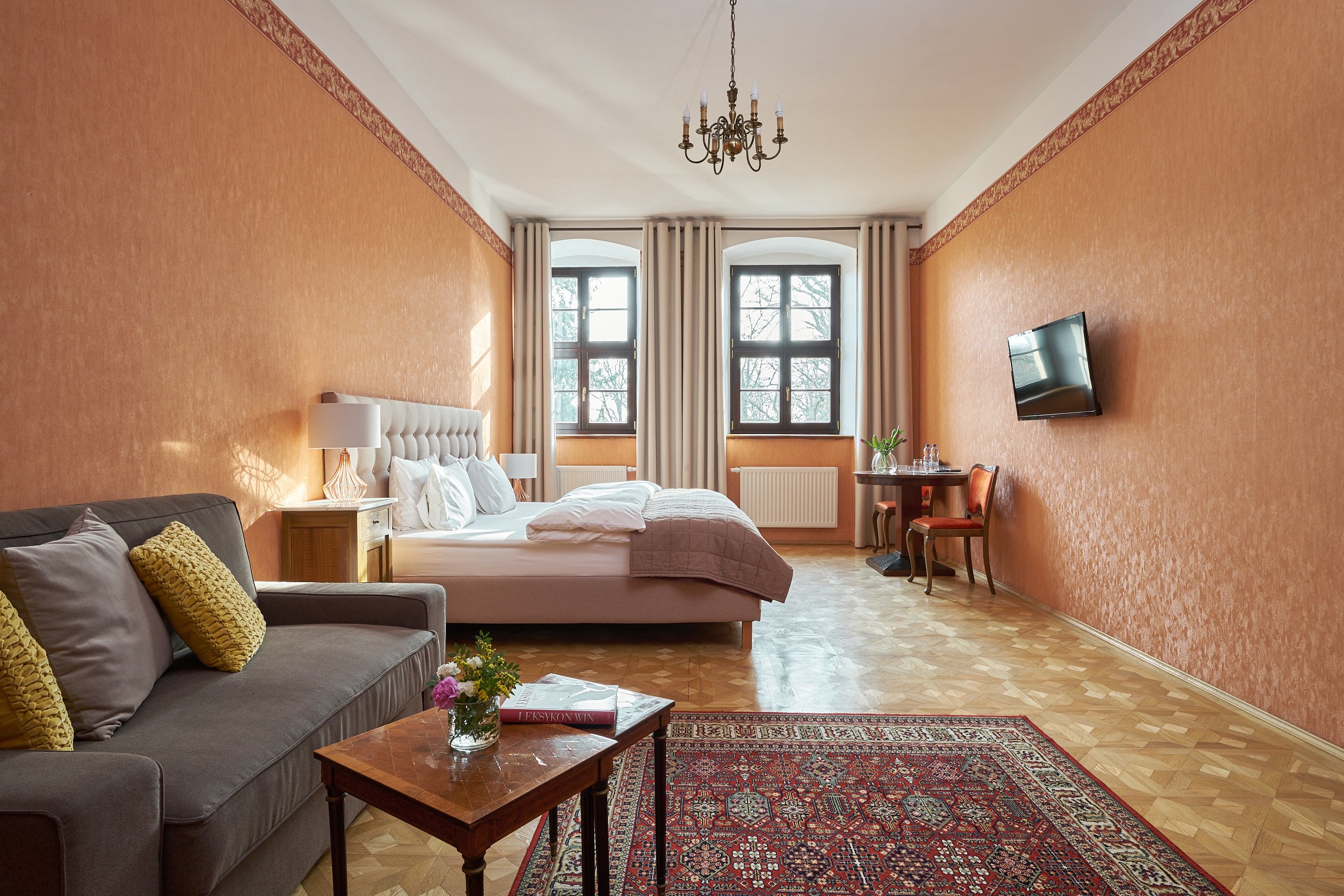 Orange Room apartment: spacious interior with a sofa, table and rug